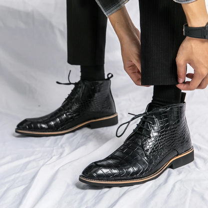 Vintage Crocodile Pattern Patent Leather Boots Men's Chelsea Boots Men's Ankle Boots Fashion Designer Men's Brand Flat Boots