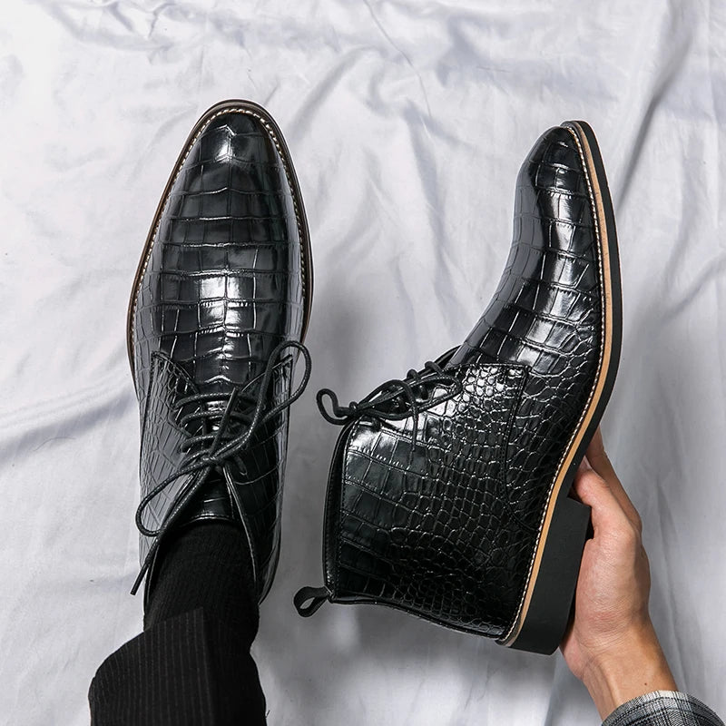 Vintage Crocodile Pattern Patent Leather Boots Men's Chelsea Boots Men's Ankle Boots Fashion Designer Men's Brand Flat Boots