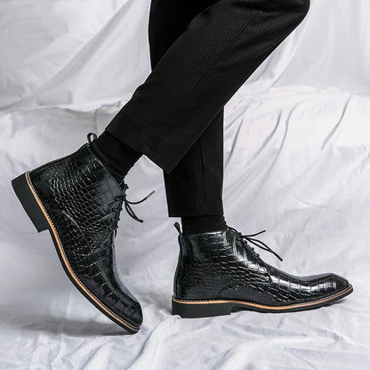 Vintage Crocodile Pattern Patent Leather Boots Men's Chelsea Boots Men's Ankle Boots Fashion Designer Men's Brand Flat Boots