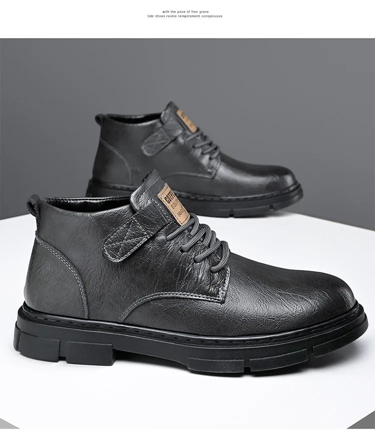 Men Boots Casual Winter Male Shoes High Top Platform Leather Outdoor Walking Sneakers Ankle Chelsea Cowboy Tactical Bootie