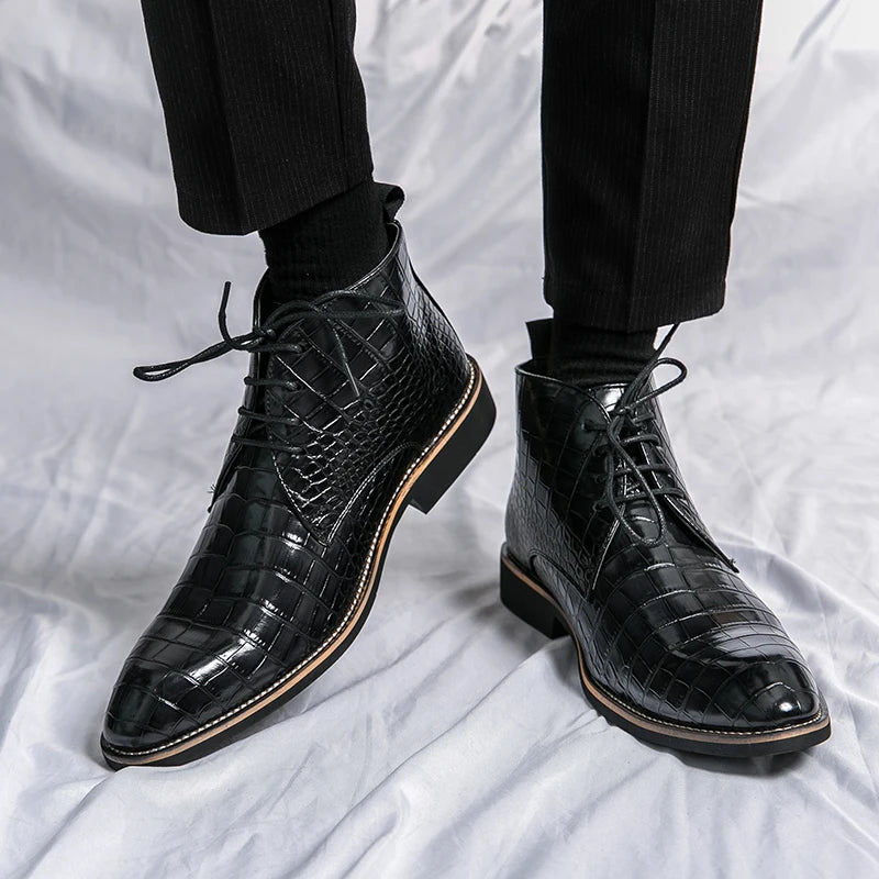 Vintage Crocodile Pattern Patent Leather Boots Men's Chelsea Boots Men's Ankle Boots Fashion Designer Men's Brand Flat Boots