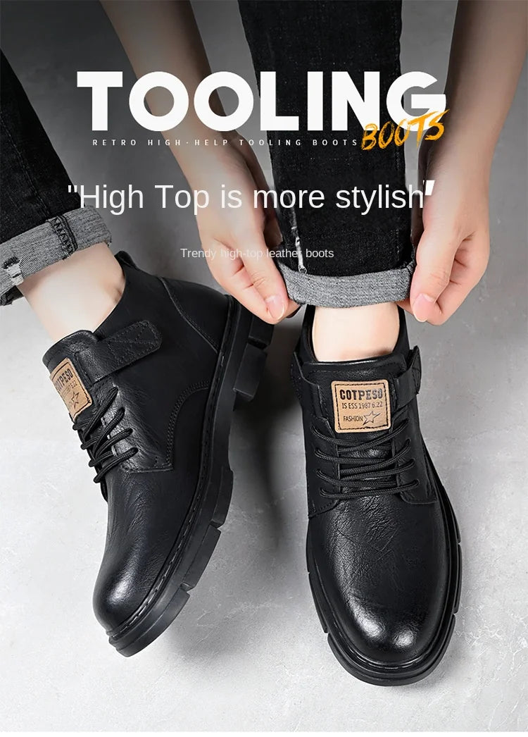 Men Boots Casual Winter Male Shoes High Top Platform Leather Outdoor Walking Sneakers Ankle Chelsea Cowboy Tactical Bootie